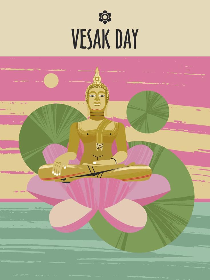 pancarta del día de vesak con buda de oro y pétalos de loto. ilustración vectorial vector