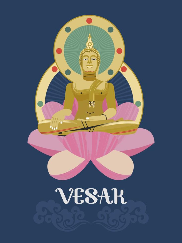 Vesak day banner with Gold Buddha and Lotus petals. Vector illustration.