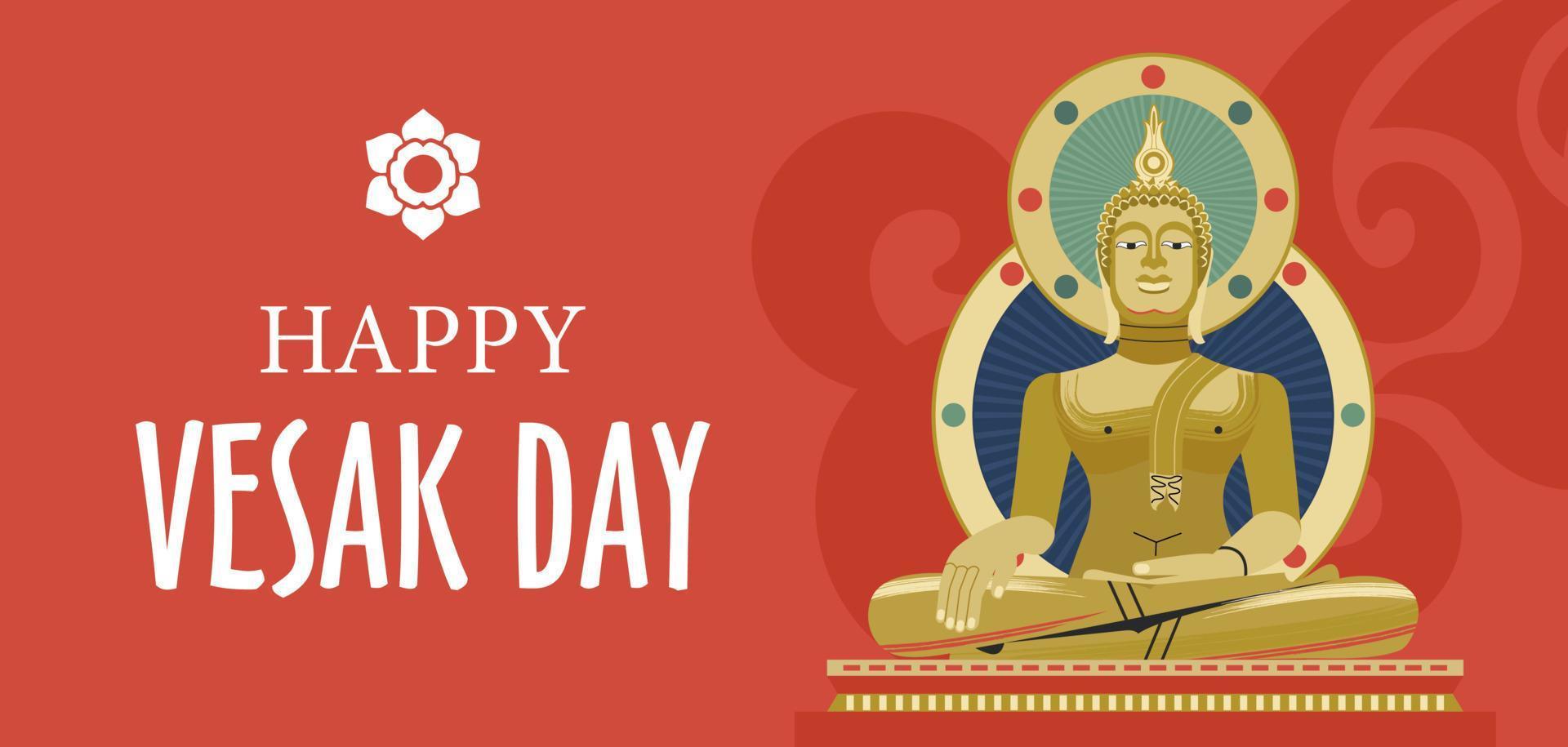 Vesak day banner with Gold Buddha and Lotus petals. Vector illustration.