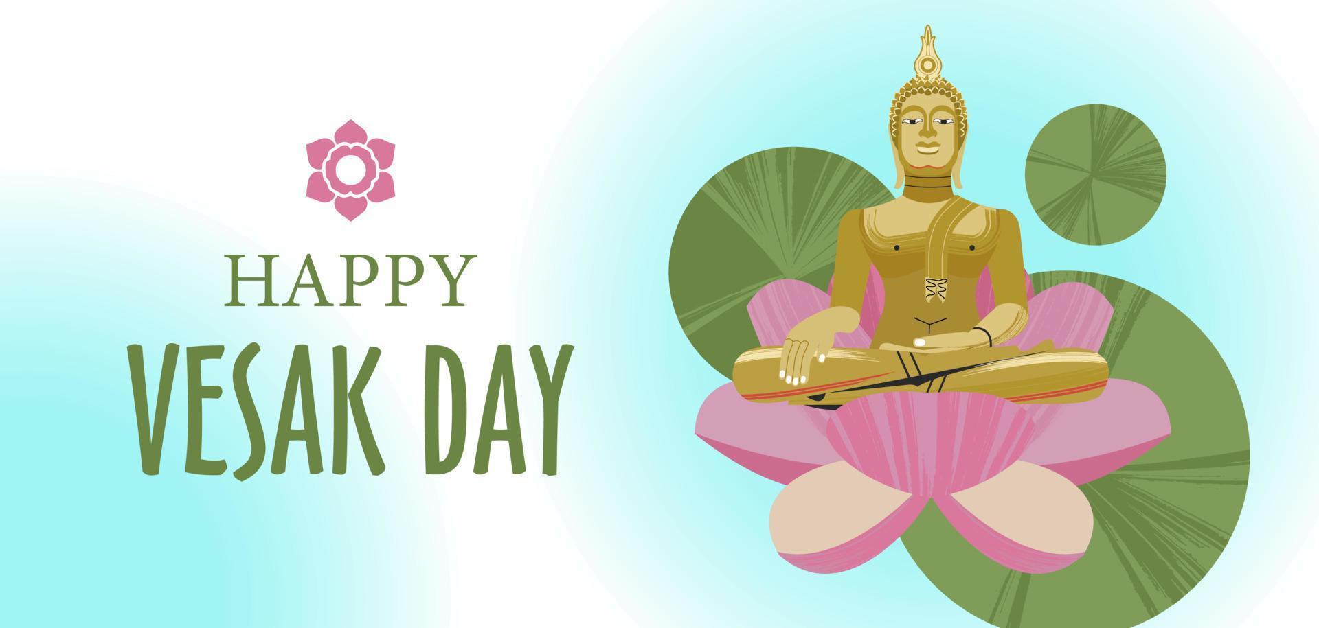 Vesak day banner with Gold Buddha and Lotus petals. Vector illustration.