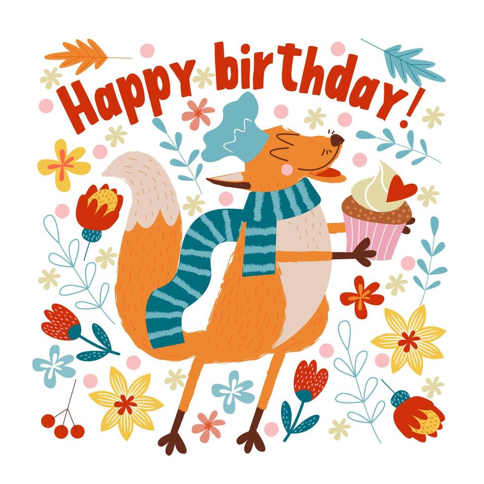 Happy Birthday. Vector illustration with cute loving fox.