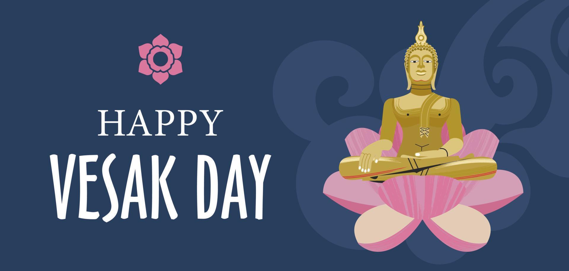 Vesak day banner with Gold Buddha and Lotus petals. Vector illustration.