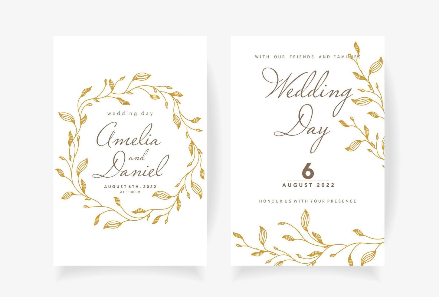 Wedding invitation template with beautiful golden leaves Vector illustration