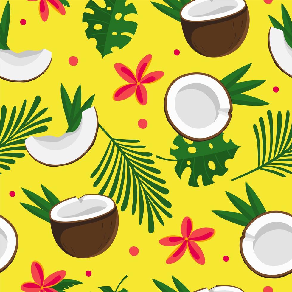 Seamless pattern coconut half with tropical green leaves and flowers Vector illustration isolated on yellow background