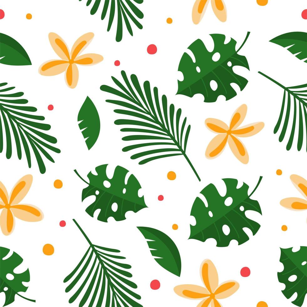 Seamless pattern tropical green leaves and flowers Vector illustration isolated on white background