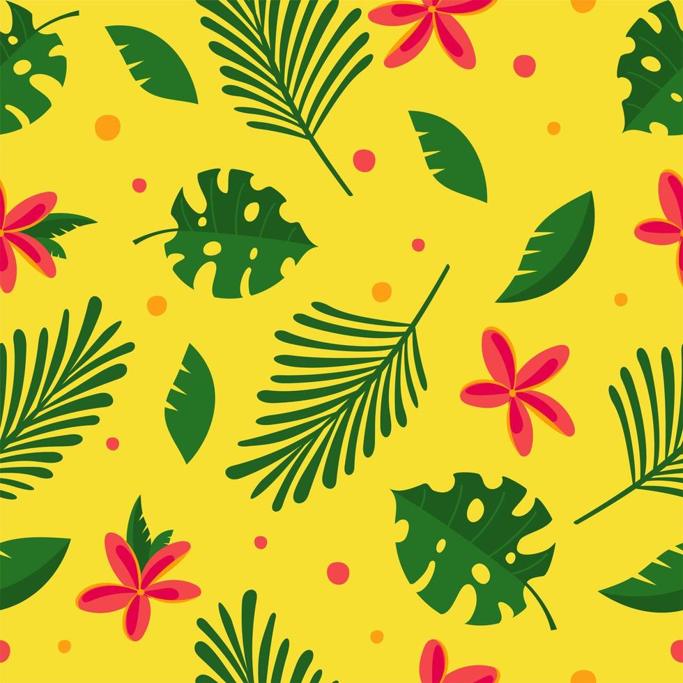 Seamless pattern tropical green leaves and flowers Vector illustration isolated on yellow background