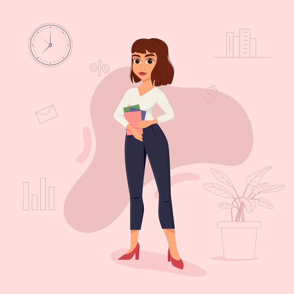 Business woman in office outfit. Business woman stands with documents in her hands. Office dresscode. Flat vector illustration.