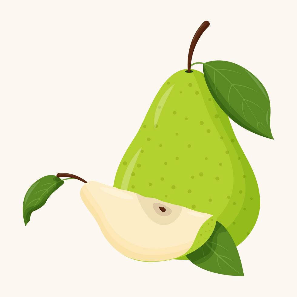 Whole green pear with green leaf isolated on white background. Flat vector illustration