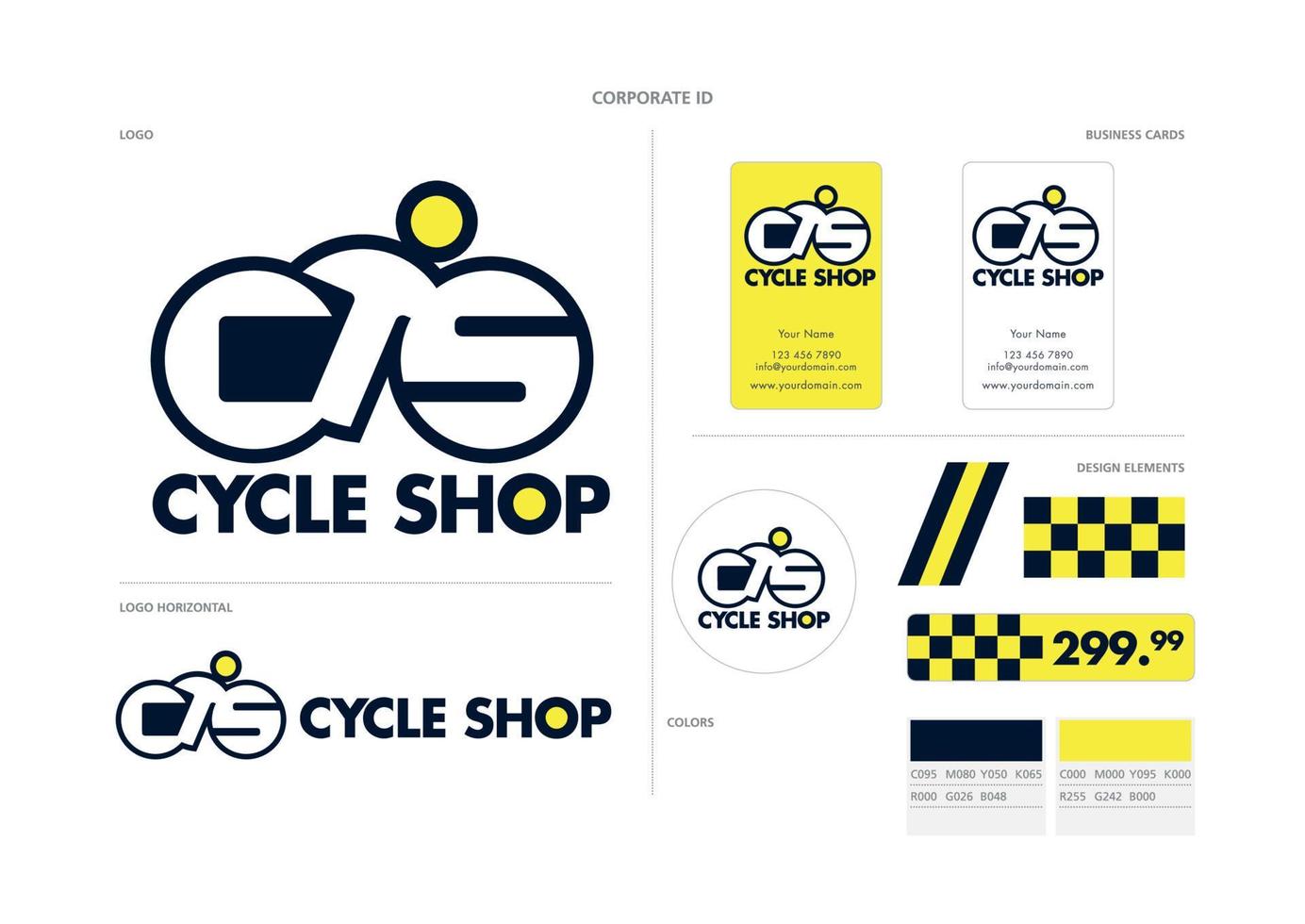 identidad corporativa, logotipo, tarjeta de presentación y elementos y activos de diseño para una tienda de bicicletas minorista o un centro de reparación funky vector