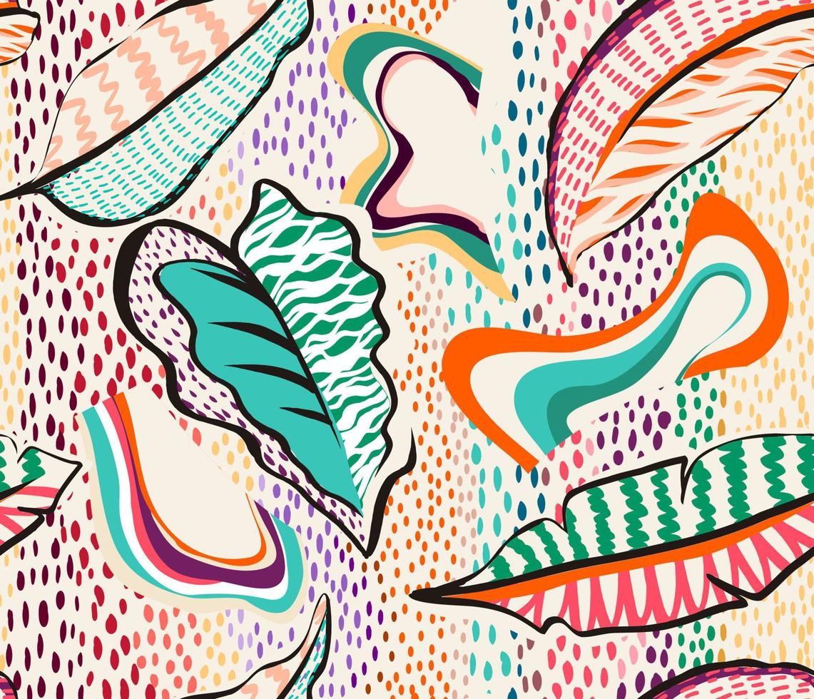 patrón de una obra de arte tropical, con elementos multicolores dibujados a mano y un divertido fondo de mosaico, perfecto para textiles y decoración vector