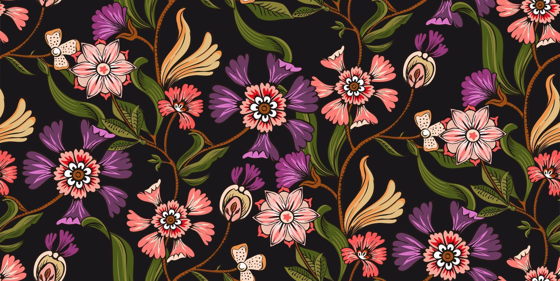 Colorful asian style floral pattern. Dark background floral tapestry.  paisley pattern with traditional indian style, design for decoration and fabrics vector