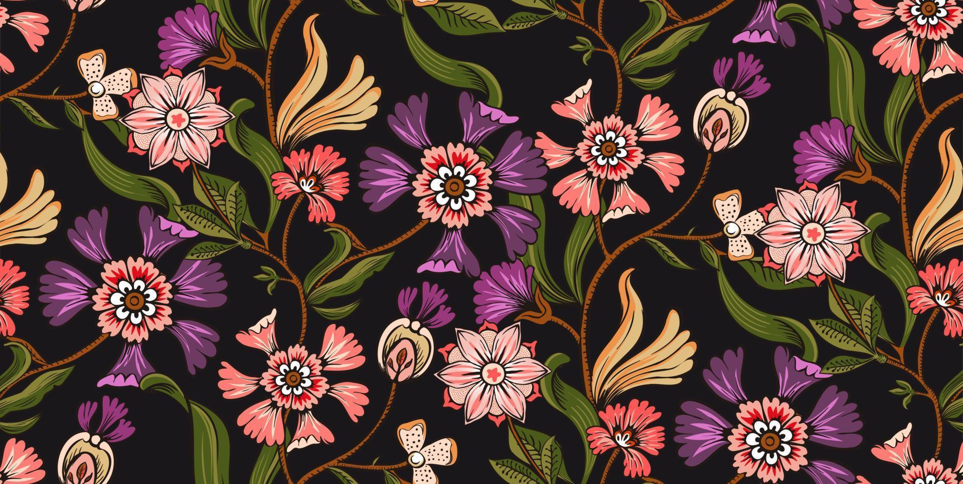 estampado de flores de estilo asiático colorido. tapiz floral de fondo oscuro. patrón paisley con estilo indio tradicional, diseño para decoración y telas vector