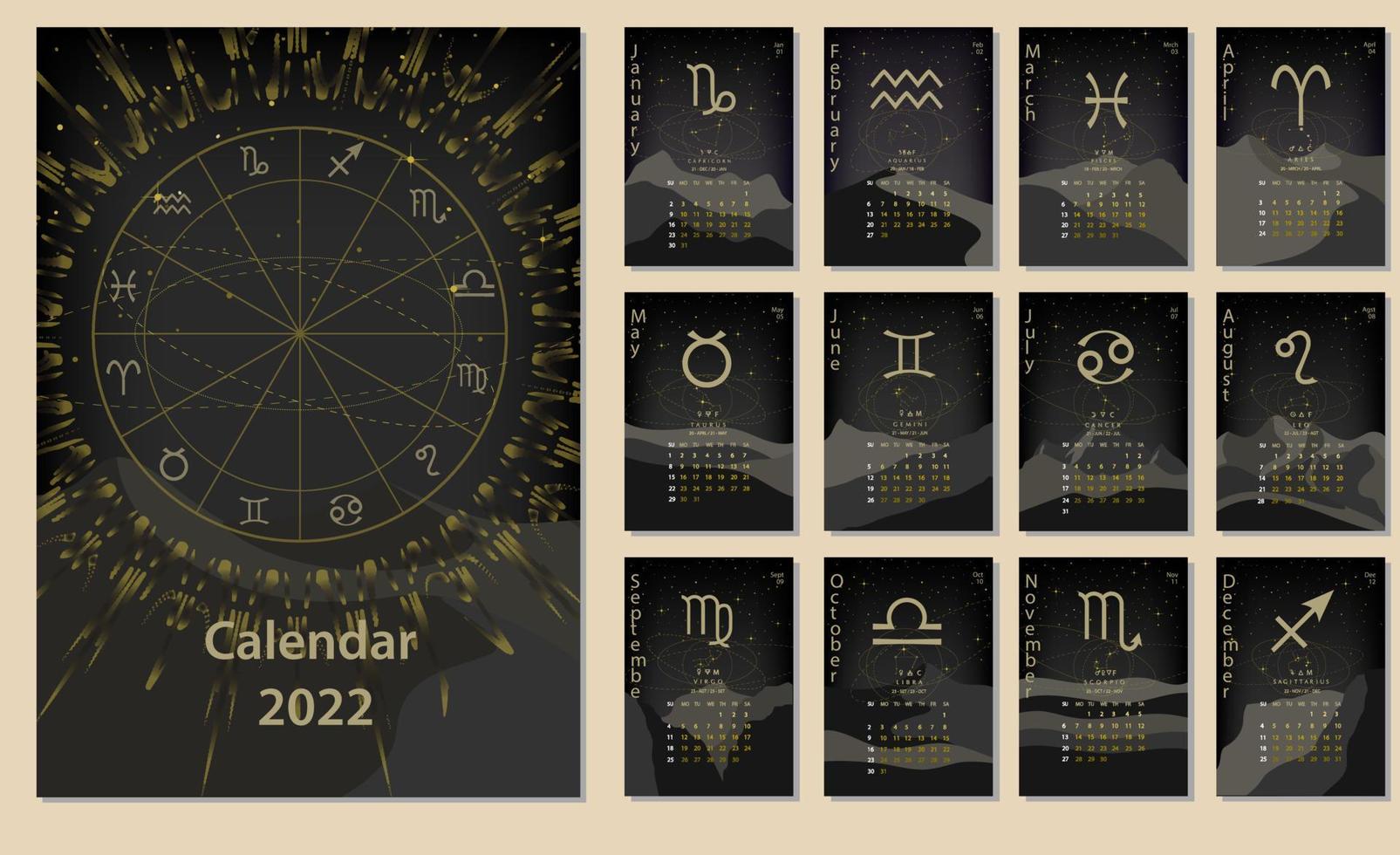 Creative calendar 2022 with horoscope signs, zodiac symbols made with floral illustration. Can be used for web, print, card, poster, banner, bookmark vector