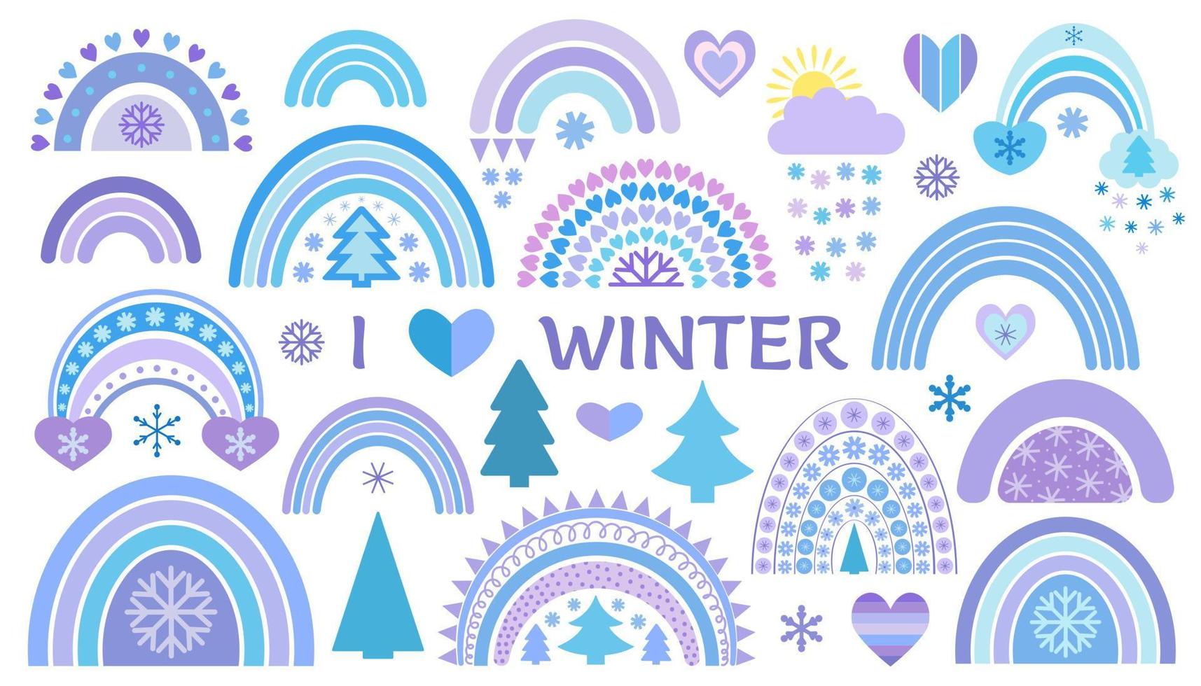 colección de arco iris de invierno en estilo plano. linda ilustración en azul sobre el tema de navidad, año nuevo, invierno acogedor vector