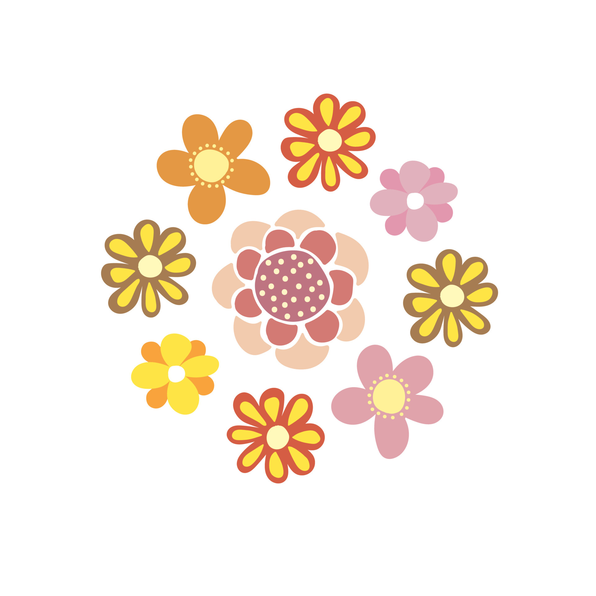 Collection of spring flowers. Simple multi-colored flowers in trendy ...