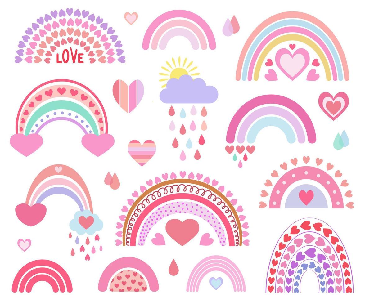 Cute heavenly set, rainbows, cloud, sun, drops vector