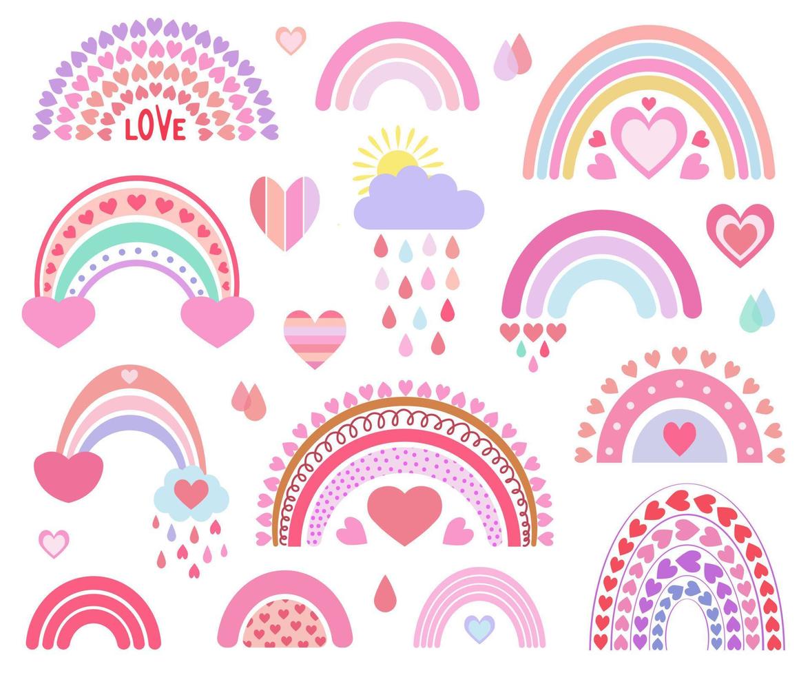 lindo conjunto celestial, arco iris, nube, sol, gotas vector