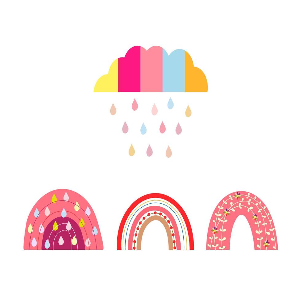 linda composición vectorial me encanta el arco iris. Arco iris de fantasía brillante para el diseño de los niños. impresión fresca de verano, pegatinas, afiche, pancarta, postal. arco iris con flores, arco iris abstracto, nube, gotas vector