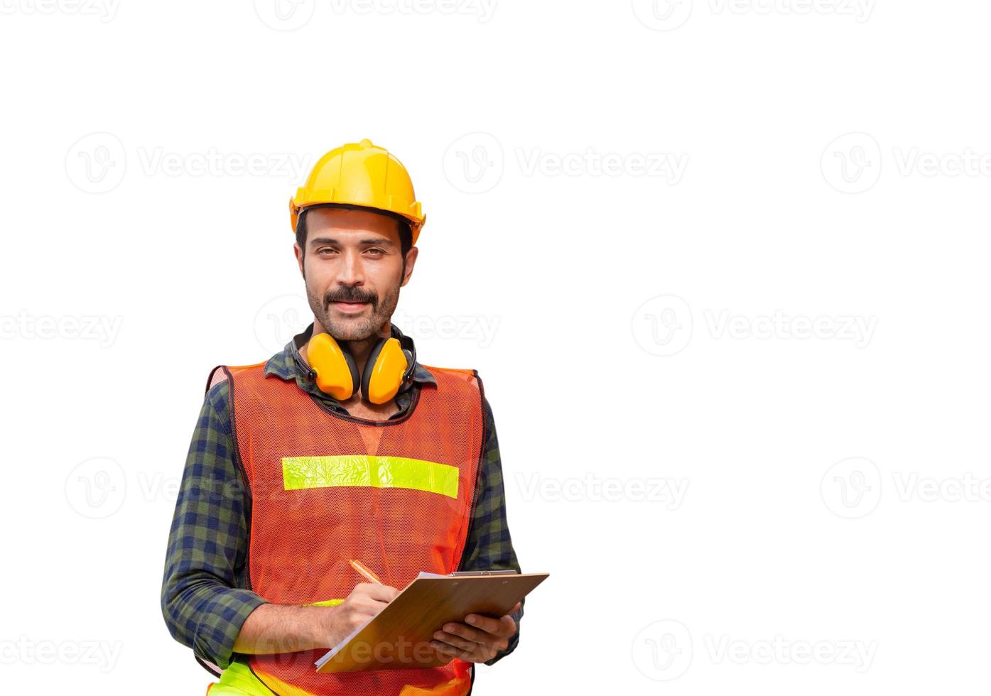 Factory worker man in hard hat holding clipboard checklist with clipping path on white background photo