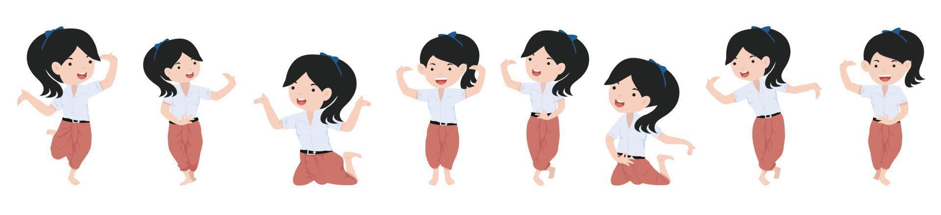 Cartoon character girl student  traditional Thai dancer set vector