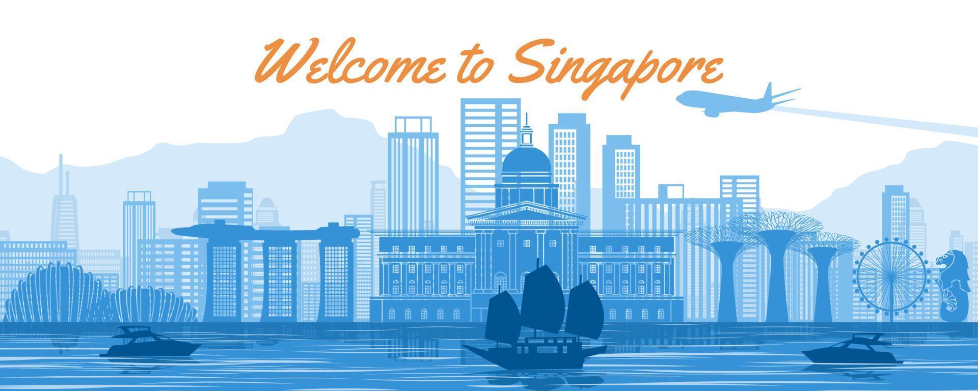 punto de referencia famoso de singapur con diseño de color azul y blanco vector