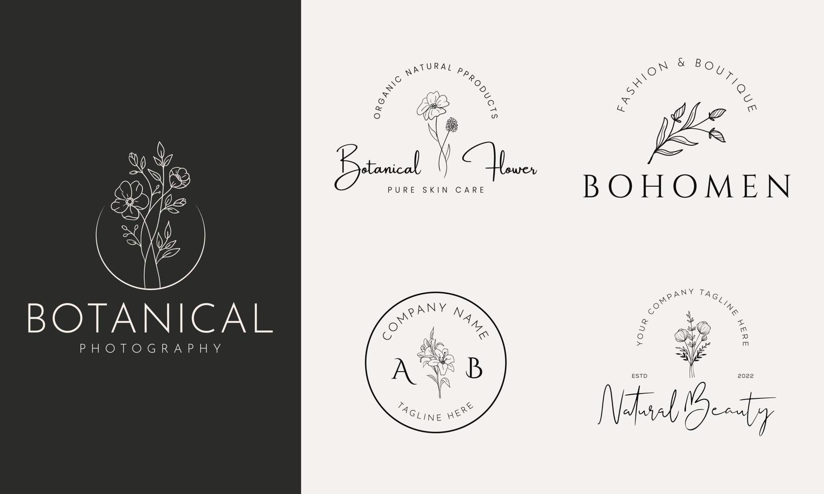 Botanical Floral element Hand Drawn Logo with Wild Flower and Leaves. Logo for spa and beauty salon, boutique, organic shop, wedding, floral designer, interior, photography, cosmetic. vector