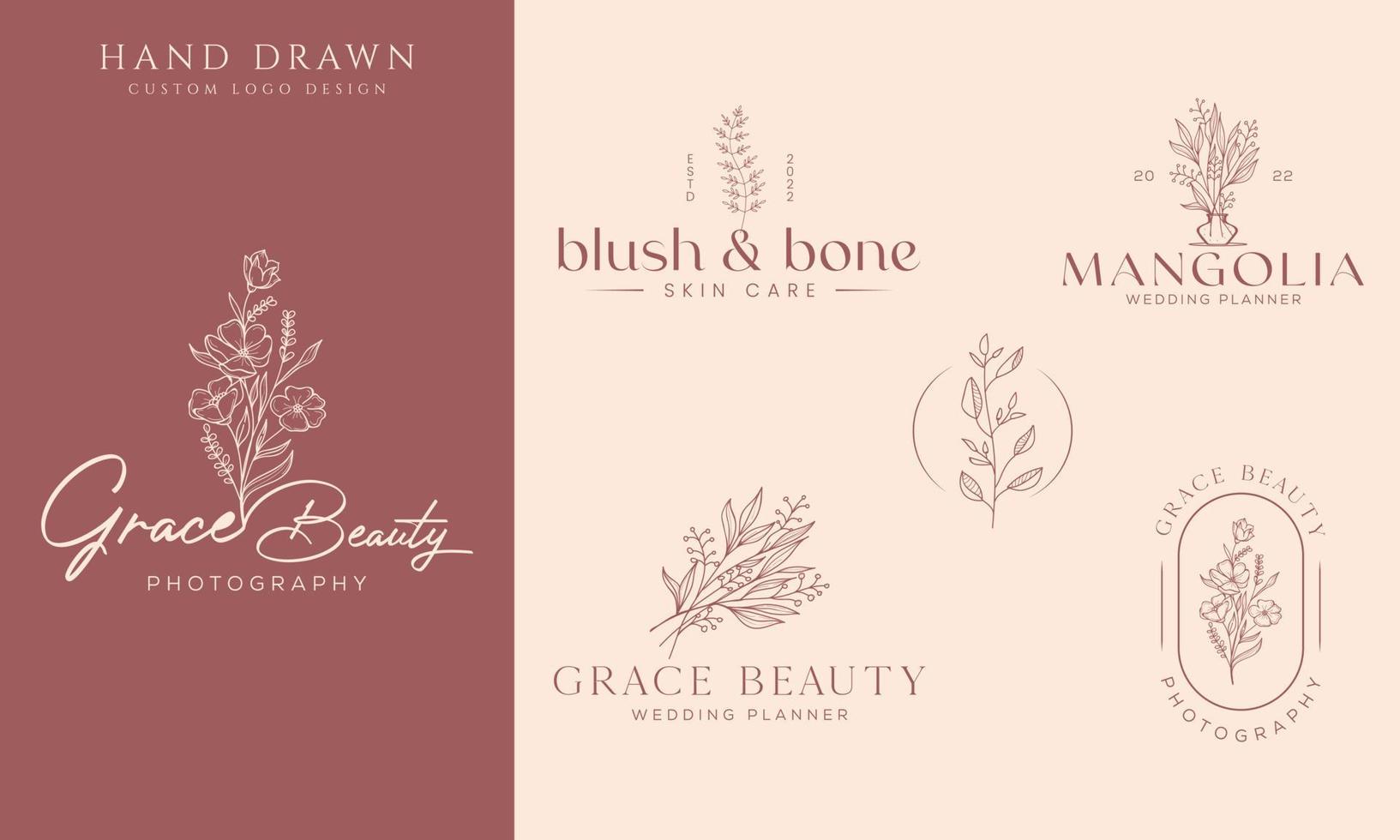 logotipo dibujado a mano con elementos florales botánicos con flores silvestres y hojas. logo para spa y salón de belleza, boutique, tienda orgánica, boda, diseñador floral, interior, fotografía, cosmética. vector