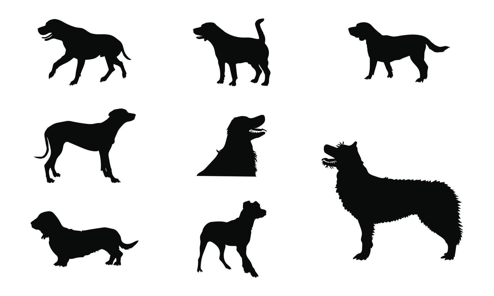 Collection of vector silhouette different breeds of dogs on white background.