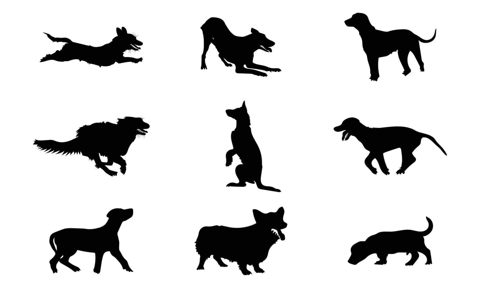 Collection of vector silhouette different breeds of dogs on white background.