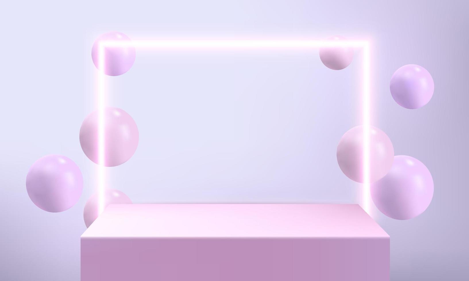 Neon square with balloon and podium for placing product vector