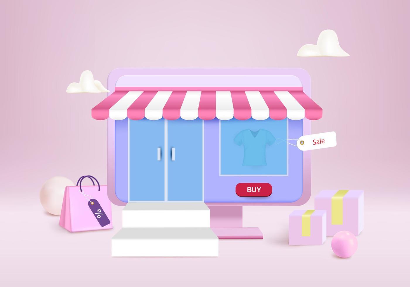 Shop on the computer with box and bag for online shopping vector