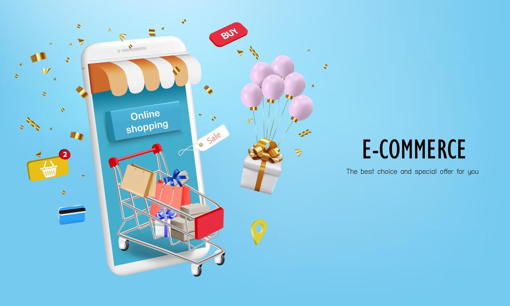 carrito de compras con regalo y confeti para tienda en línea vector