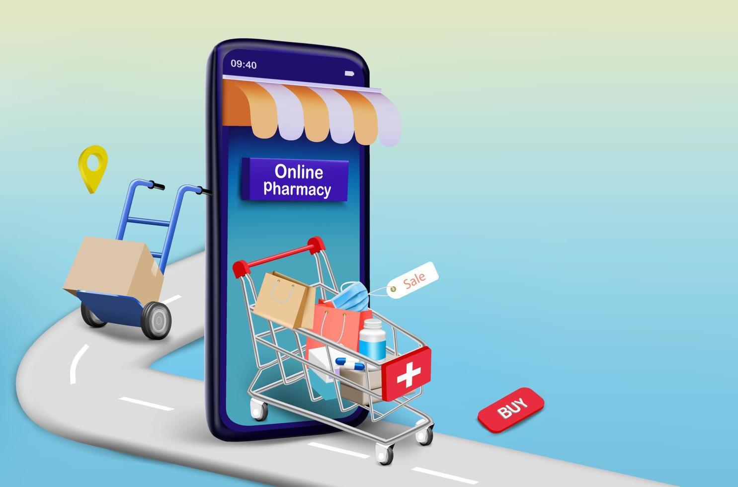 carrito de compras con medicamentos en el camino para farmacia en línea vector