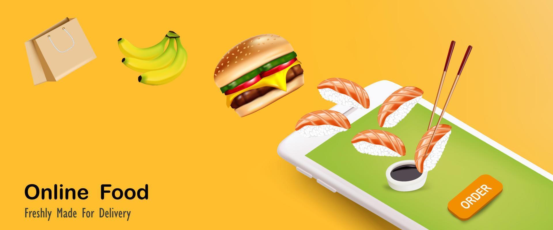 sushi con hamburguesa y plátano para pedidos de comida en línea vector