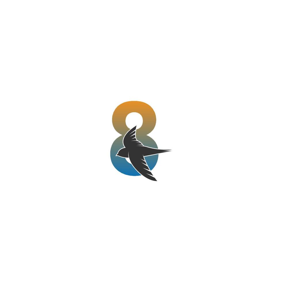 logotipo número 8 con vector de diseño de icono de pájaro veloz