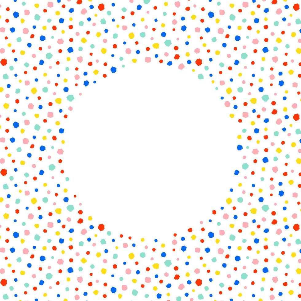 Hand drawn vector illustration of colorful polka dots with empty space for text. Isolated on white background. Round border frame for lettering. A circle shape. Abstract background.