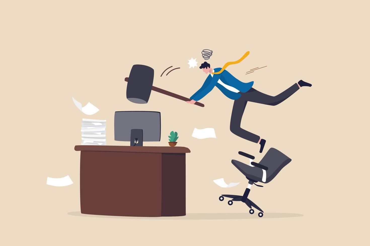 Frustration and chaos from computer problem or tech failure, stressful or anxiety from overworked or disappointment and mistake concept, frustrated businessman hitting to break computer with hammer. vector