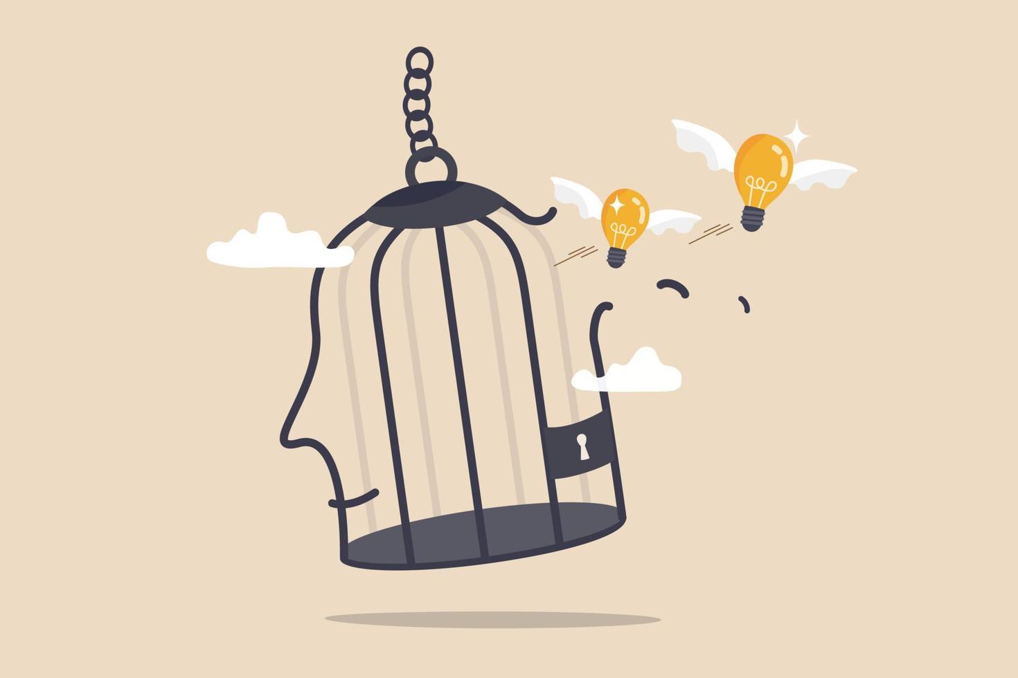 Free your mind and let creativity idea and imagination fly, mindfulness thinking, break free to get solution for business problem concept, flying light bulb idea break free from human head bird cage. vector