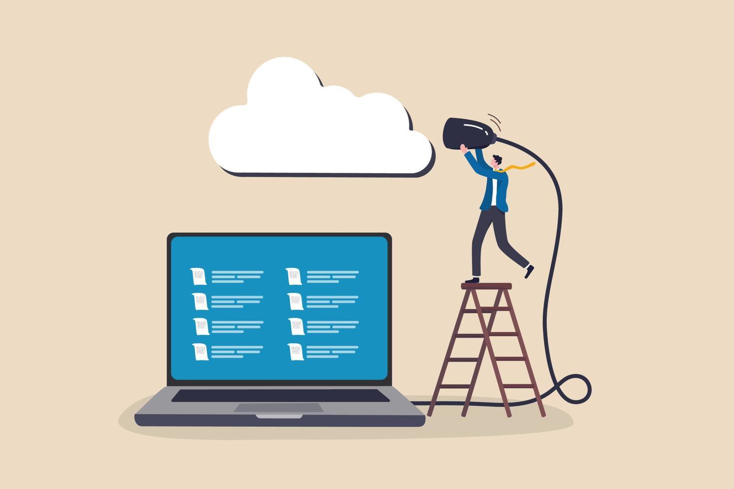Connect to cloud computing, technology to share secured file and communicate with team while working remotely, upload and download files concept, businessman connect network line with cloud computing. vector