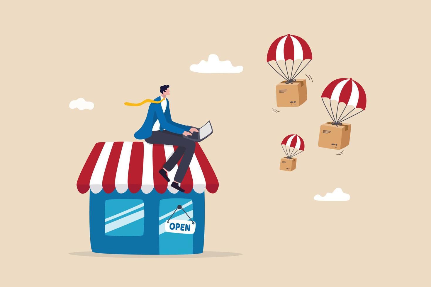 Dropshipping business model by open e-commerce website store and let supplier ship product directly to customer concept, businessman using computer with delivery drop ship package flying parachute. vector