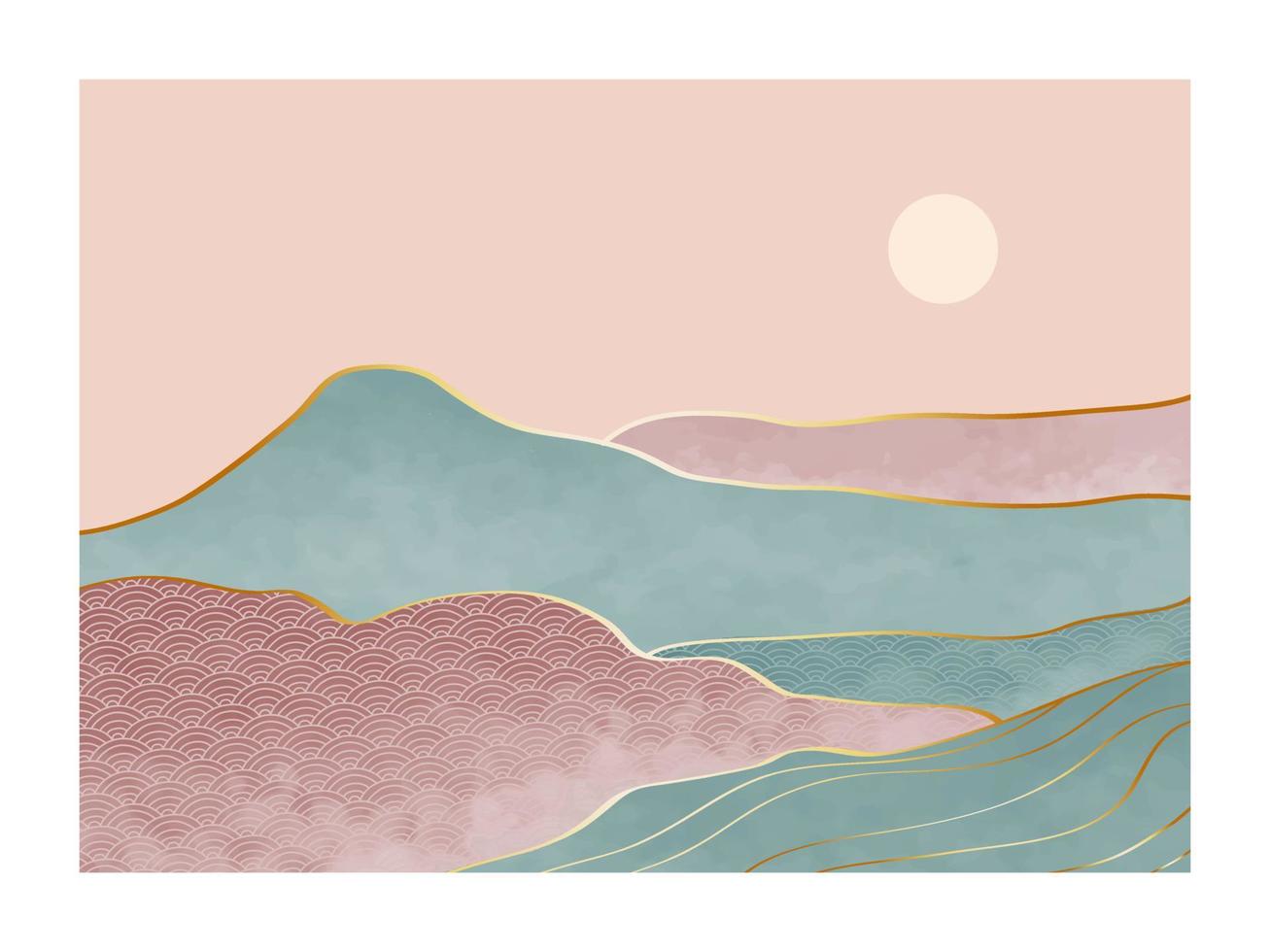 paisaje de montaña abstracto. creativas ilustraciones minimalistas pintadas a mano de mediados de siglo moderno. fondo de paisaje geométrico vectorial en patrón japonés asiático vector