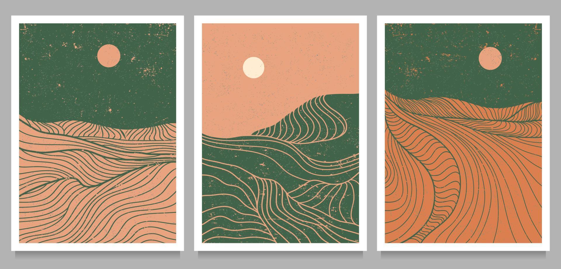 conjunto de impresión de arte de línea moderna minimalista creativa. abstracto montaña contemporáneo estética fondos paisajes. con montaña, bosque, mar, horizonte, ola. ilustraciones vectoriales vector