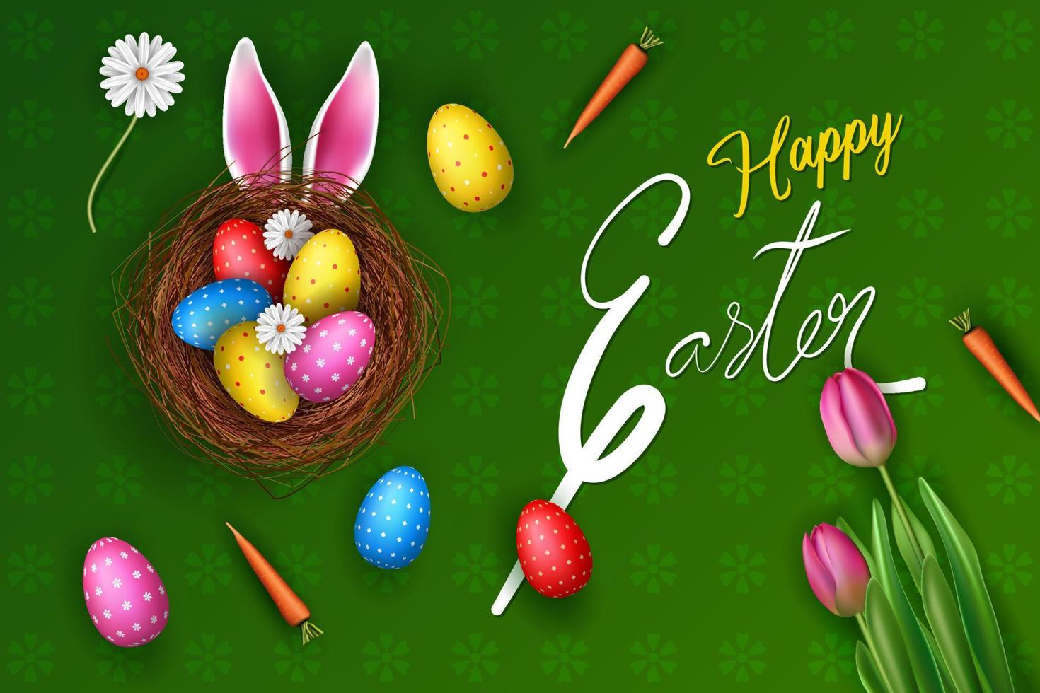 happy easter banner easter eggs in the nest on green pattern ...