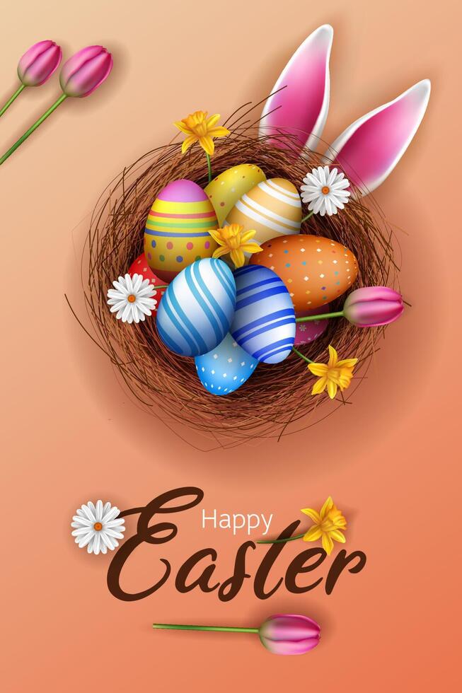 happy easter social media post template with nest, eggs and flowers illustration vector