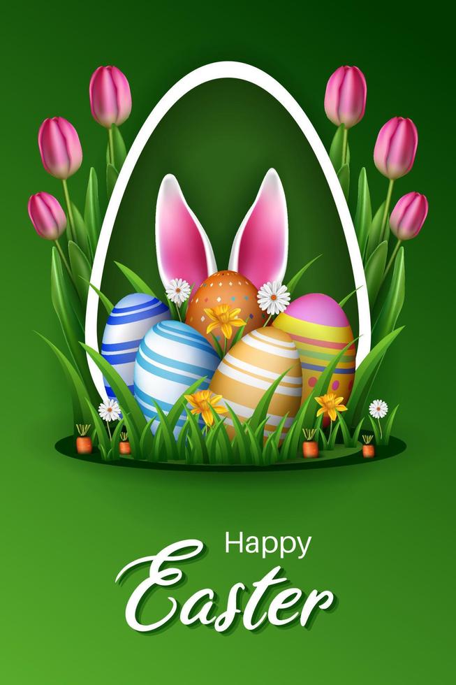 easter banner and poster design with eggs and rabbit ears illustration creative background vector