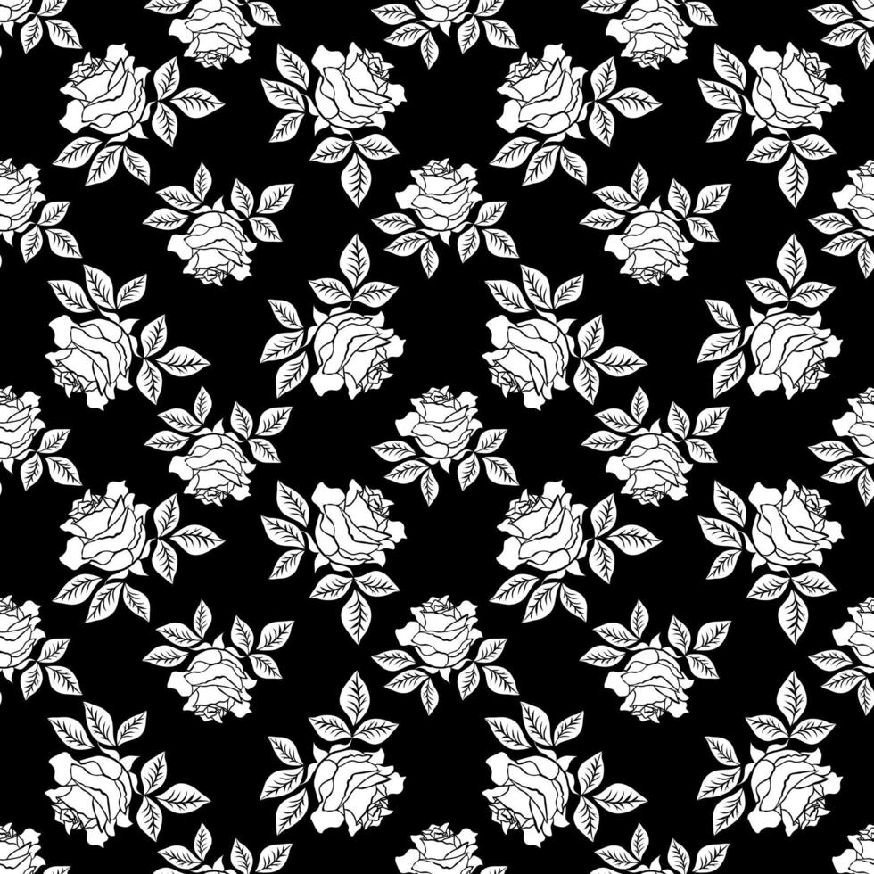 Seamless pattern with white roses on a black background. vector