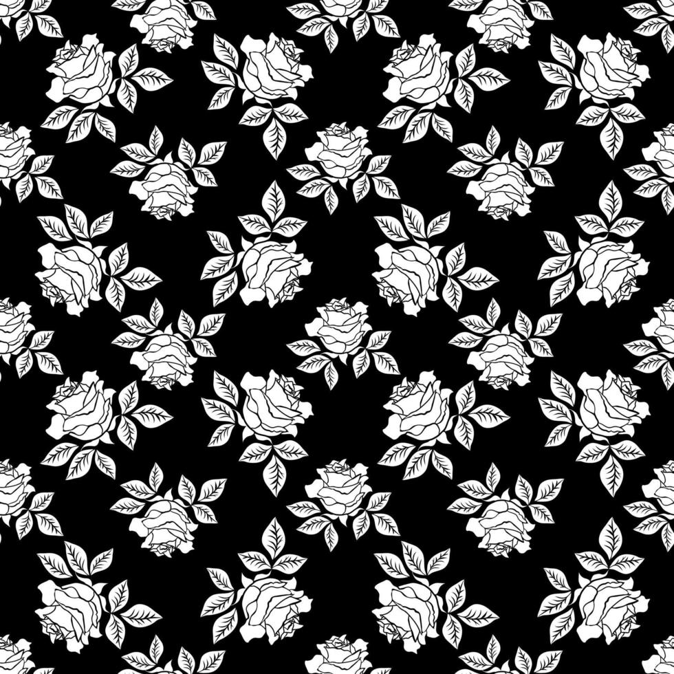 Seamless pattern with white roses on a black background. vector