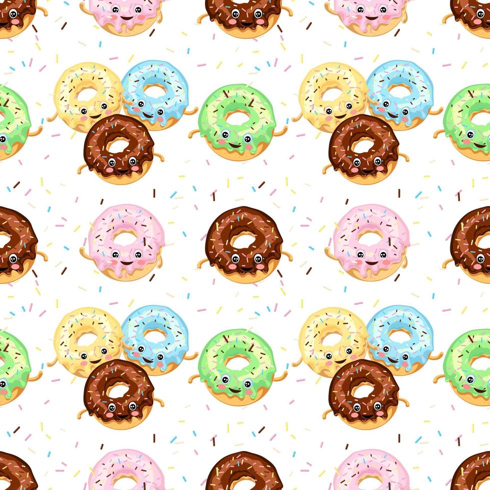Seamless pattern of multicolored funny donuts with eyes in sugar glaze and chocolate. Vector illustration isolated on white background.