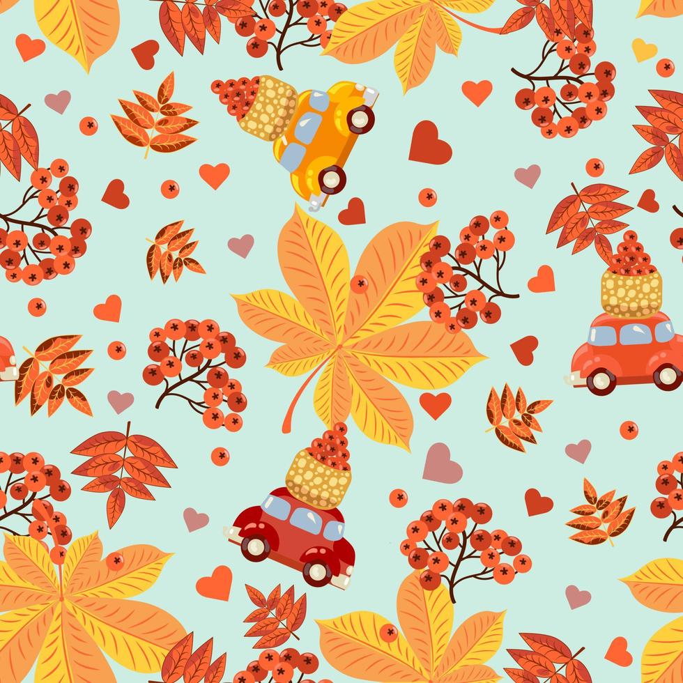 Seamless pattern with red berries, hearts, cars, baskets with berries and autumn leaves of orange, red and yellow flowers on a blue background. vector