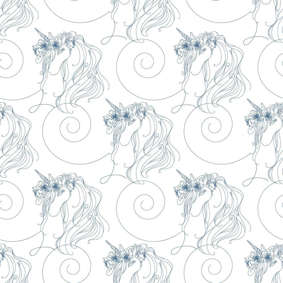 Seamless pattern of silhouette of a unicorn head in a wreath of flowers. Dark outline on a white background. vector